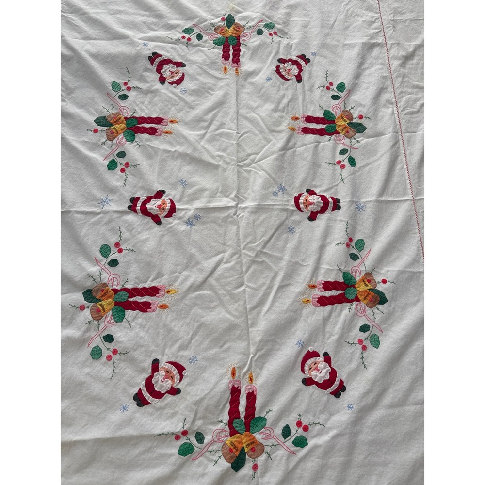 Vintage Hand Embroidered Christmas Tablecloth Santa Claus Scalloped Edge 61x79